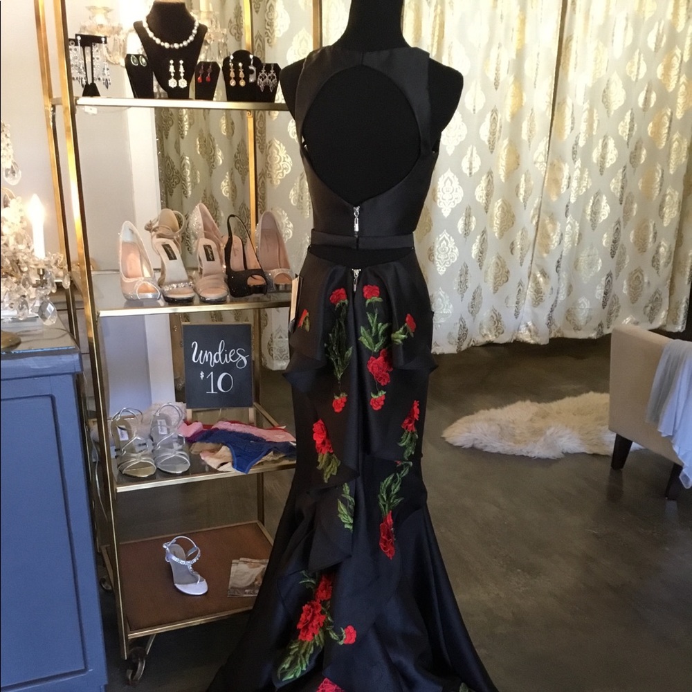 Sherri Hill Black Two Piece Gown with Rose Details